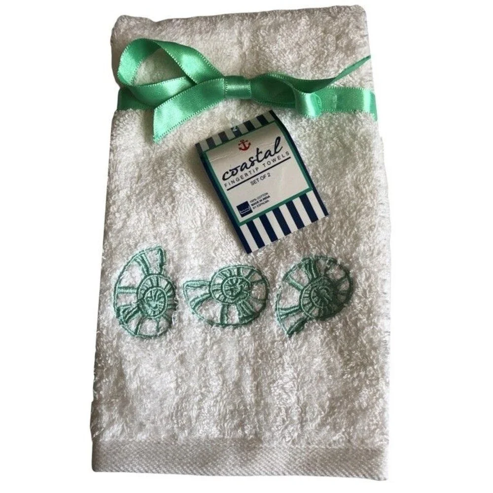 Shell Nautical Fingertip Towels Embroidered Guest Bathroom Summer Set of 2
